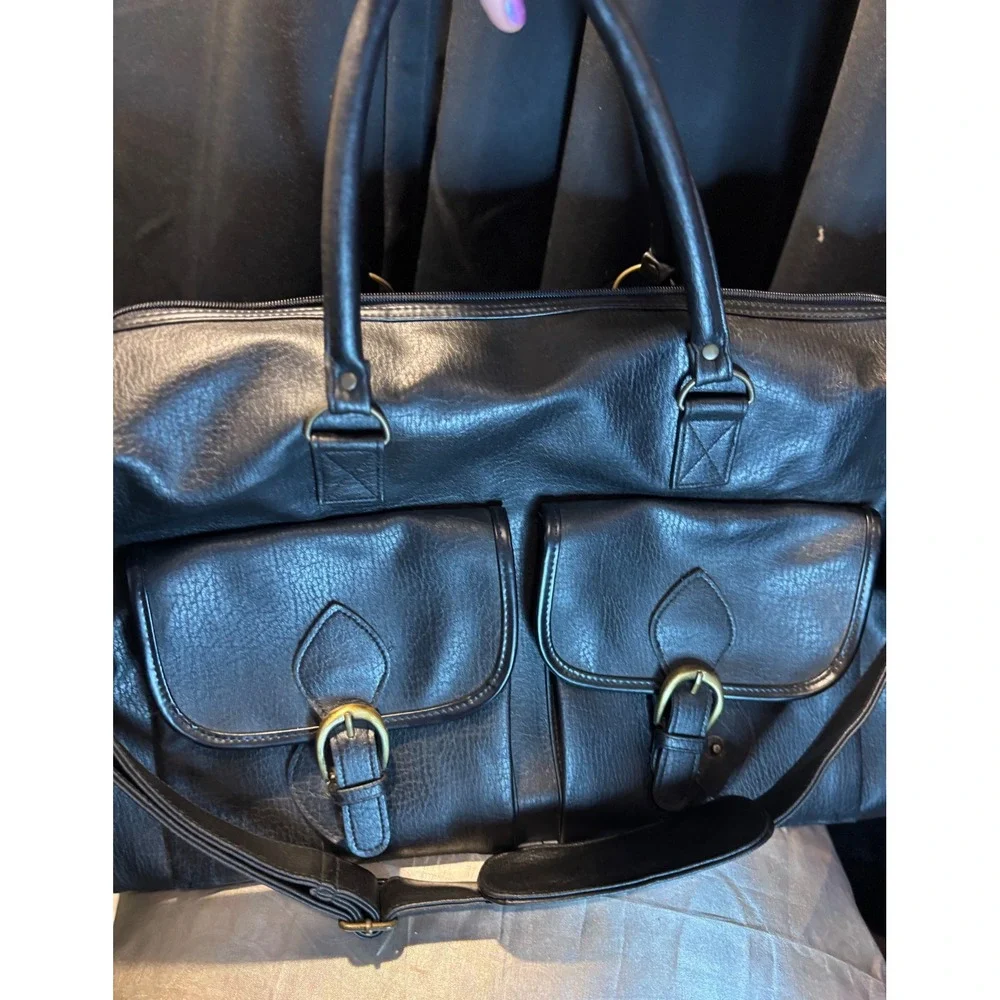 Pierre Cardin Black Faux Leather Duffle Bag Weekend Travel Overnight Carry On